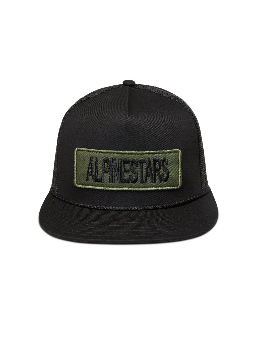 Alpinestars Ten Trucker, czapka z daszkiem typu trucker, płaski daszek, czarna i oliwkowa, haftowana naszywka z logo.