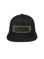 Alpinestars Ten Trucker, czapka z daszkiem typu trucker, płaski daszek, czarna i oliwkowa, haftowana naszywka z logo.