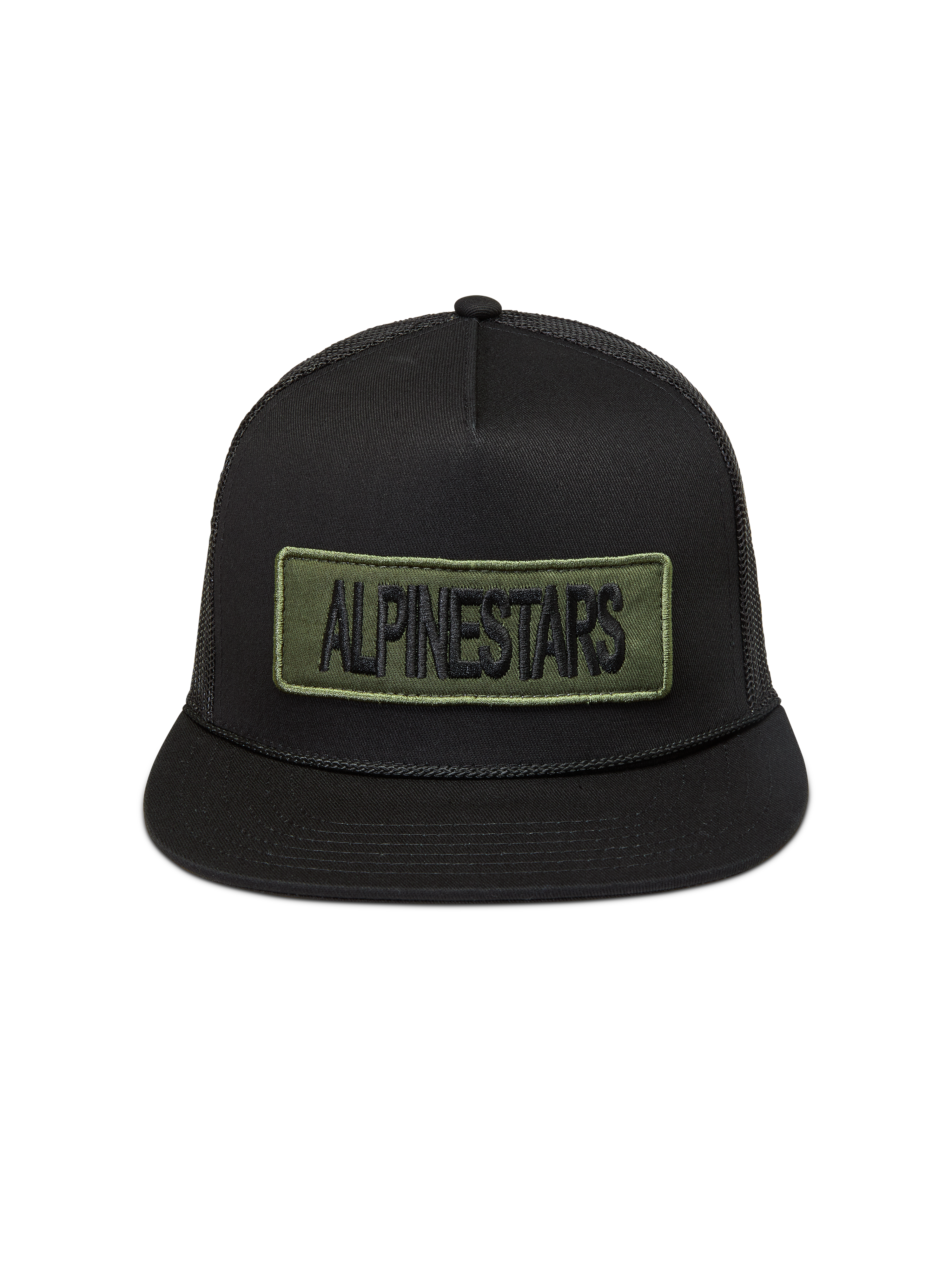 Alpinestars Ten Trucker, czapka z daszkiem typu trucker, płaski daszek, czarna i oliwkowa, haftowana naszywka z logo.