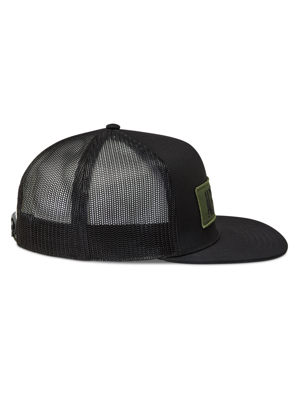 Alpinestars Ten Trucker, czarna czapka z daszkiem, oddychająca siateczka z tyłu, płaski daszek i oliwkowa naszywka z logo.