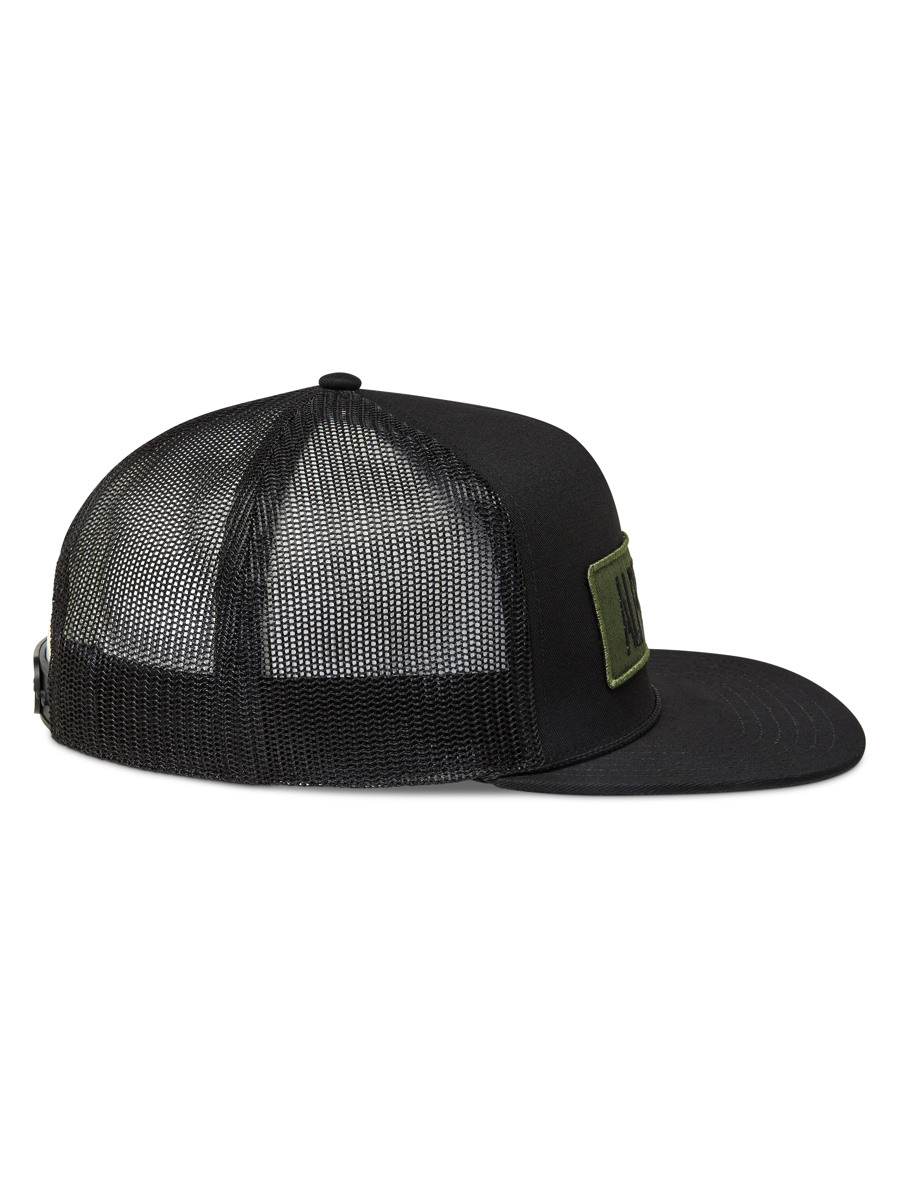 Alpinestars Ten Trucker, czarna czapka z daszkiem, oddychająca siateczka z tyłu, płaski daszek i oliwkowa naszywka z logo.