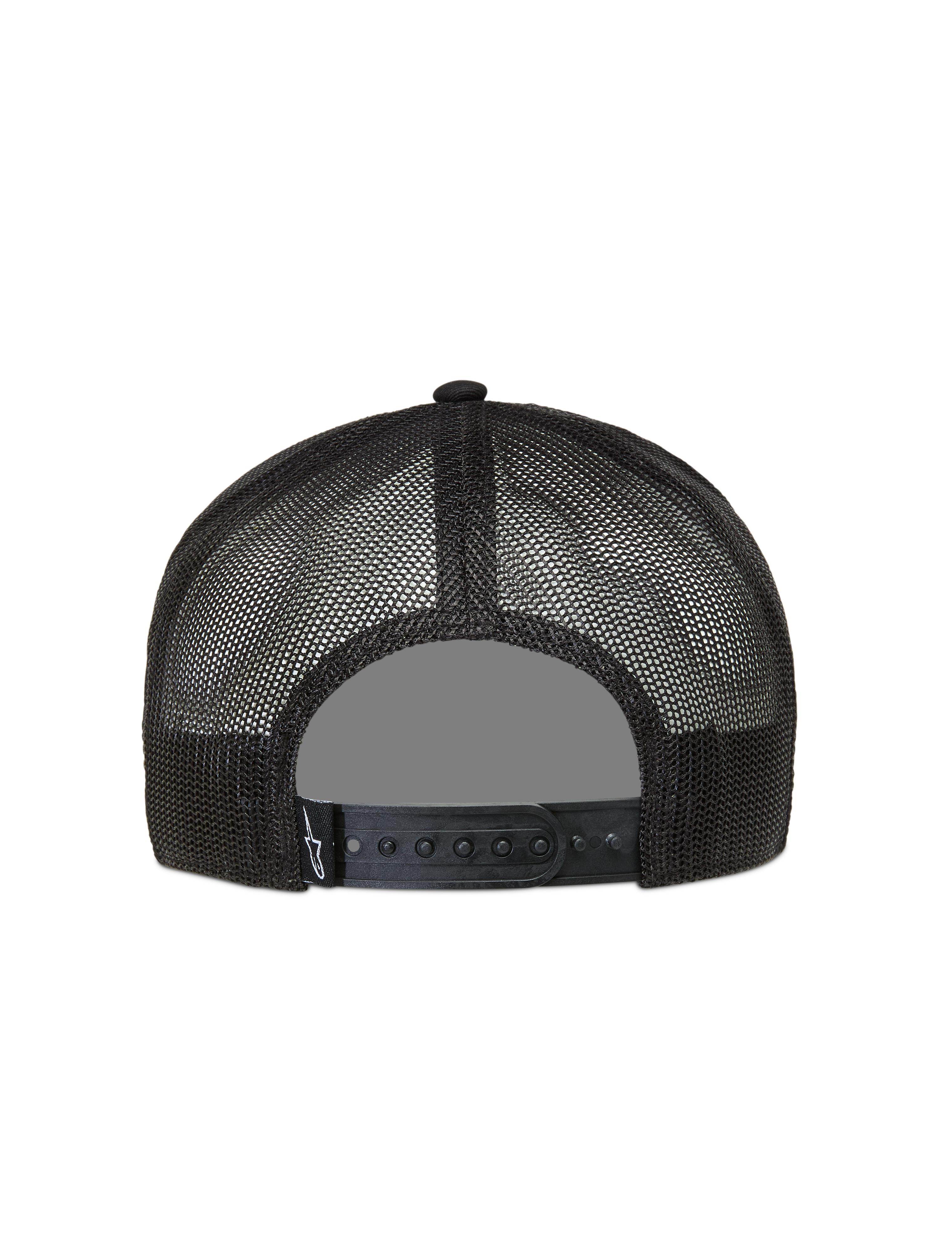 Alpinestars Ten Trucker, czarna czapka z daszkiem, oddychająca siateczka i zapięcie snapback z tyłu.
