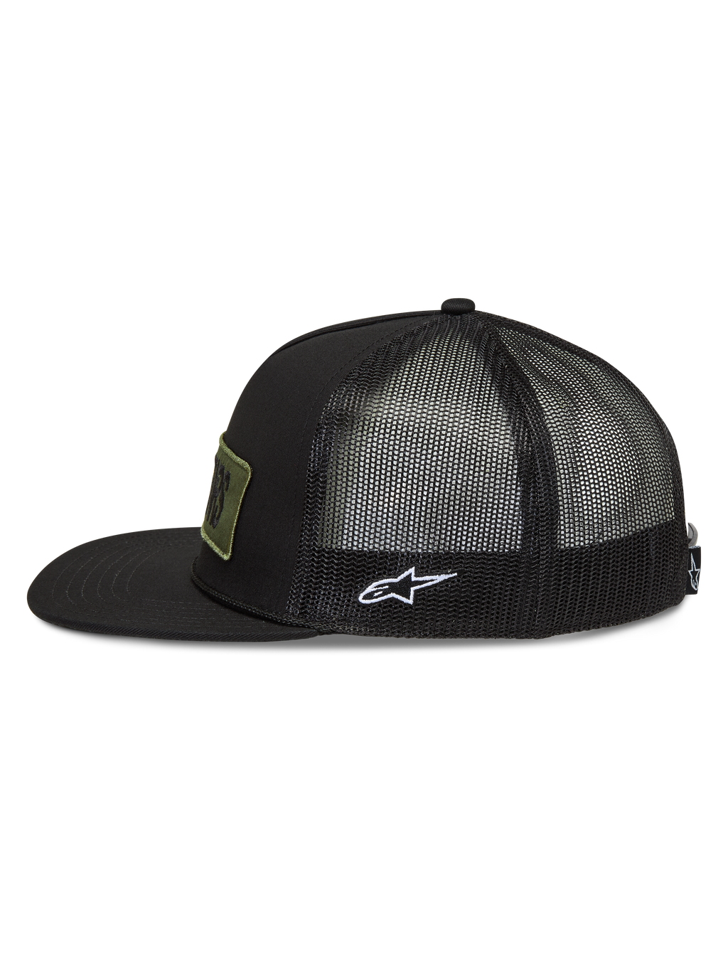 Alpinestars Ten Trucker Hat, czarna czapka z daszkiem typu trucker, płaski daszek, siatkowy tył i białe logo Astars.