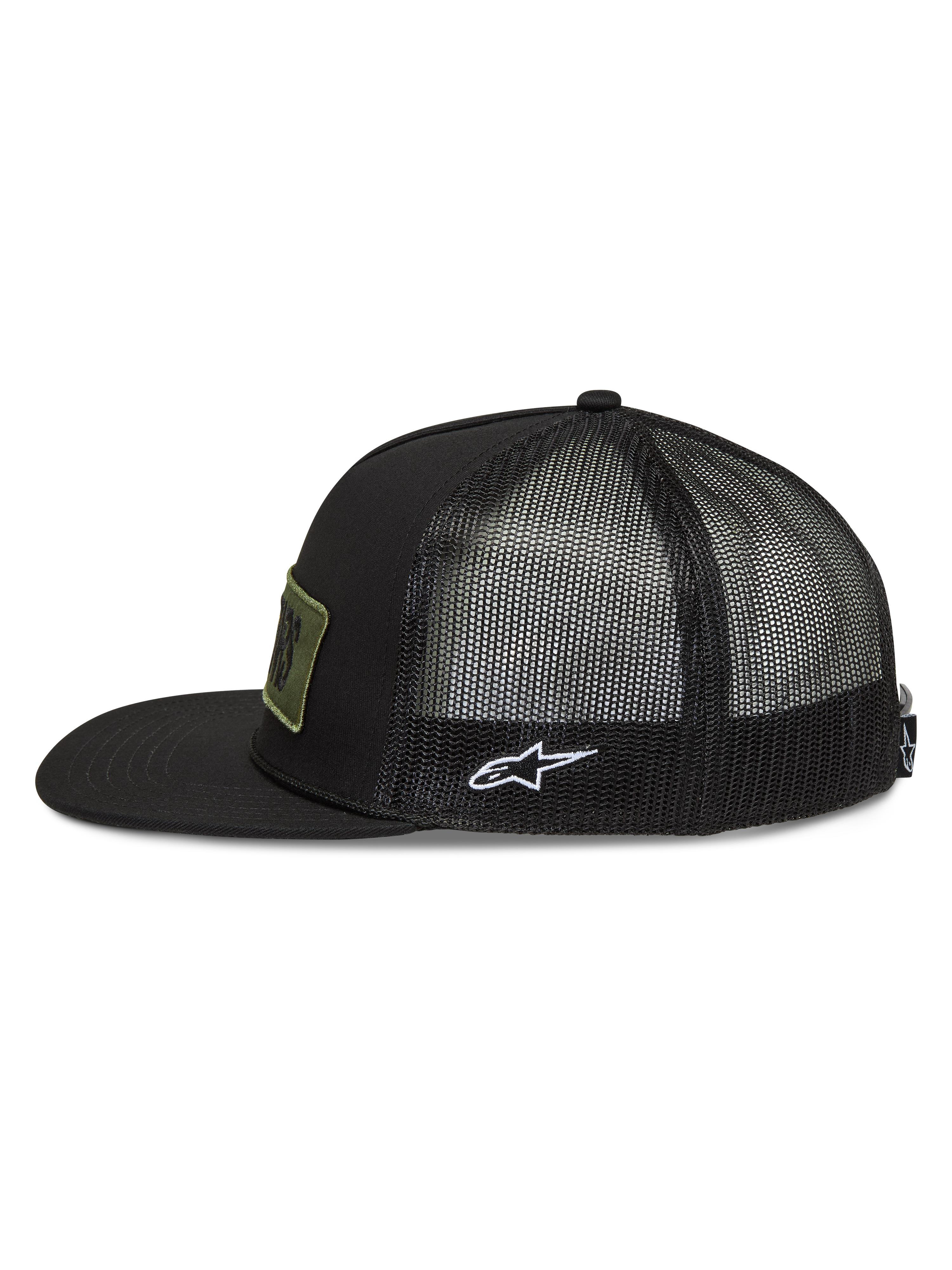 Alpinestars Ten Trucker Hat, czarna czapka z daszkiem typu trucker, płaski daszek, siatkowy tył i białe logo Astars.