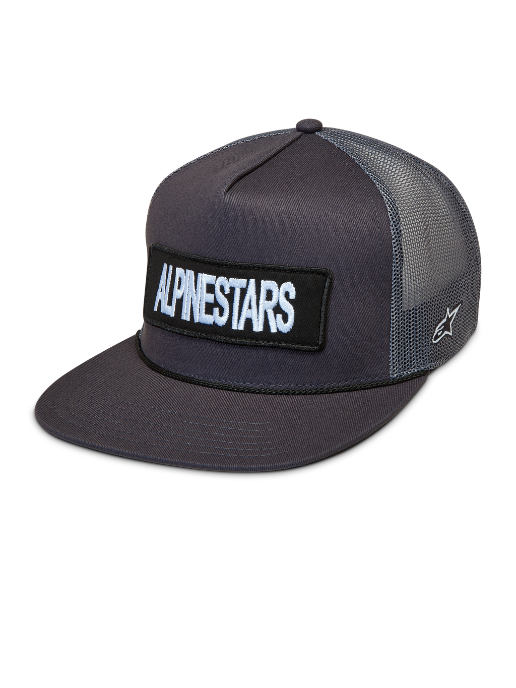 Alpinestars Ten Trucker, ciemnoszara czapka z daszkiem, płaski daszek, naszywka z haftowanym logo, oddychający tył z siateczki