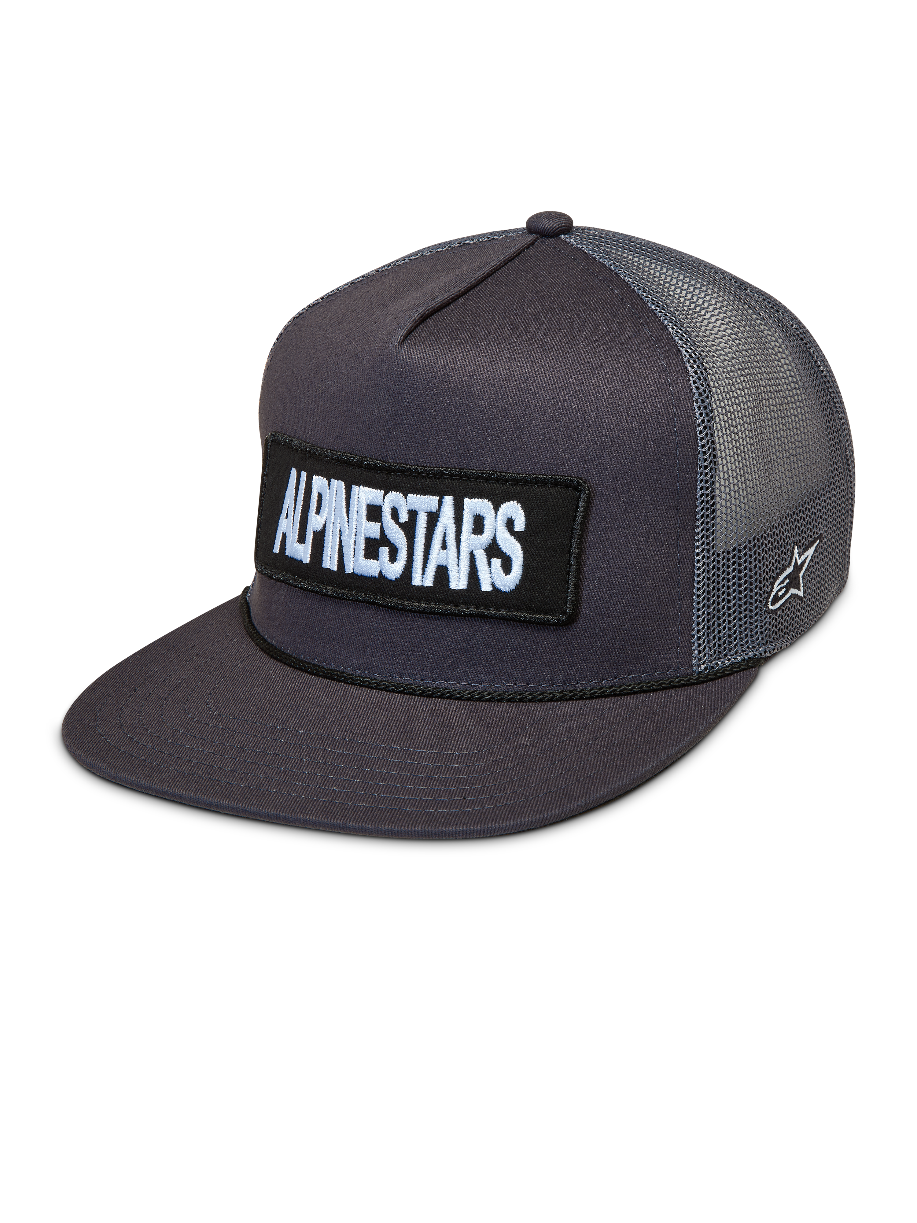 Alpinestars Ten Trucker, ciemnoszara czapka z daszkiem, płaski daszek, naszywka z haftowanym logo, oddychający tył z siateczki