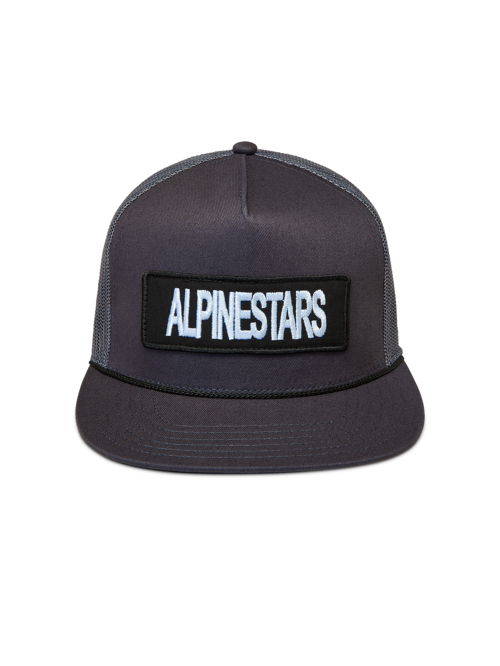 Alpinestars Ten Trucker, ciemnoszara czapka z daszkiem, usztywniona korona, płaski daszek i haftowana naszywka z logo.
