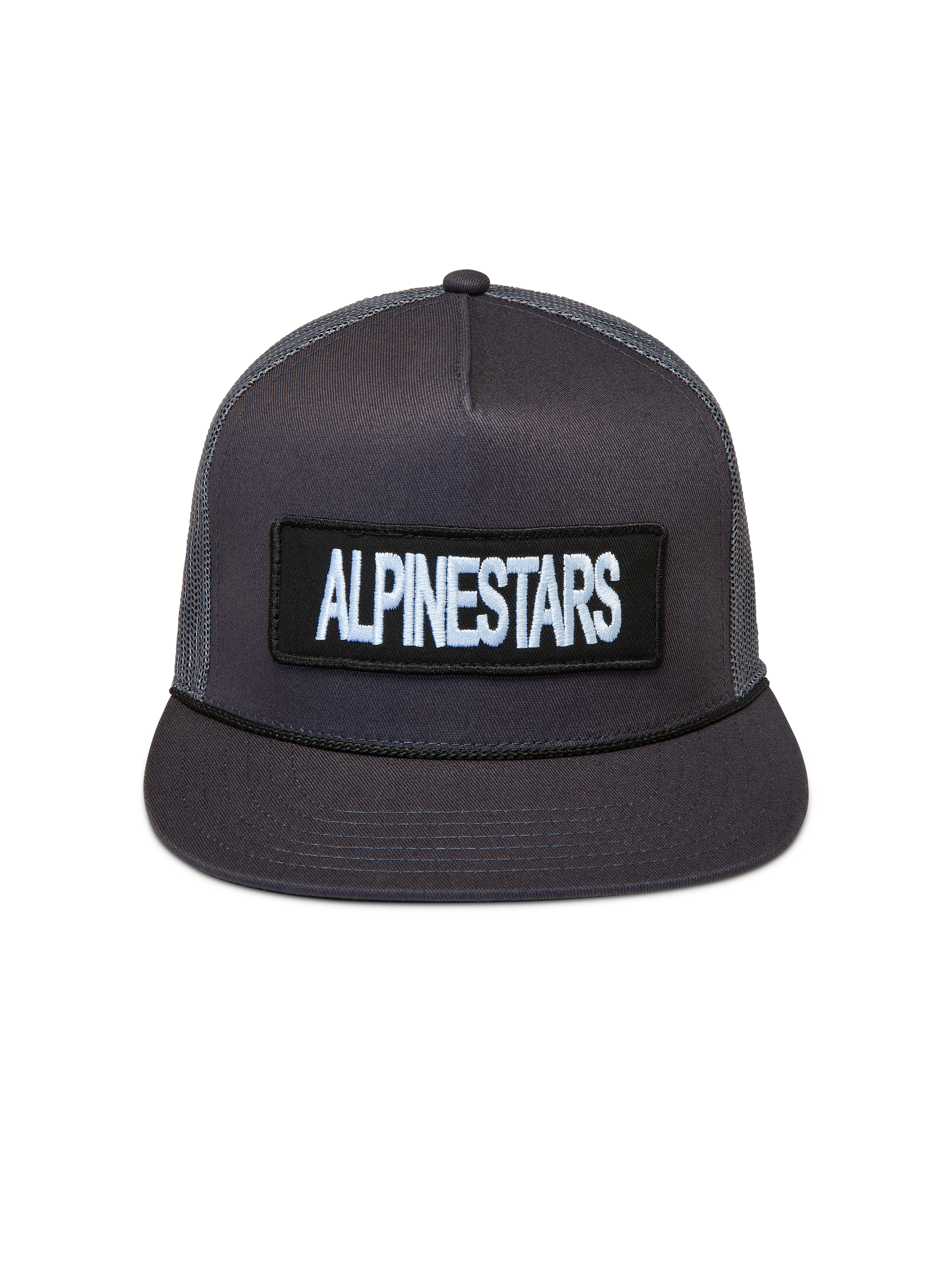 Alpinestars Ten Trucker, ciemnoszara czapka z daszkiem, usztywniona korona, płaski daszek i haftowana naszywka z logo.