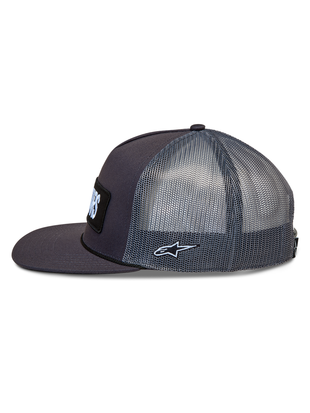 Alpinestars Ten Trucker, ciemnoszara czapka z daszkiem z siatką, płaskim daszkiem i haftowanym logo Astars.