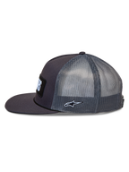 Alpinestars Ten Trucker, ciemnoszara czapka z daszkiem z siatką, płaskim daszkiem i haftowanym logo Astars.