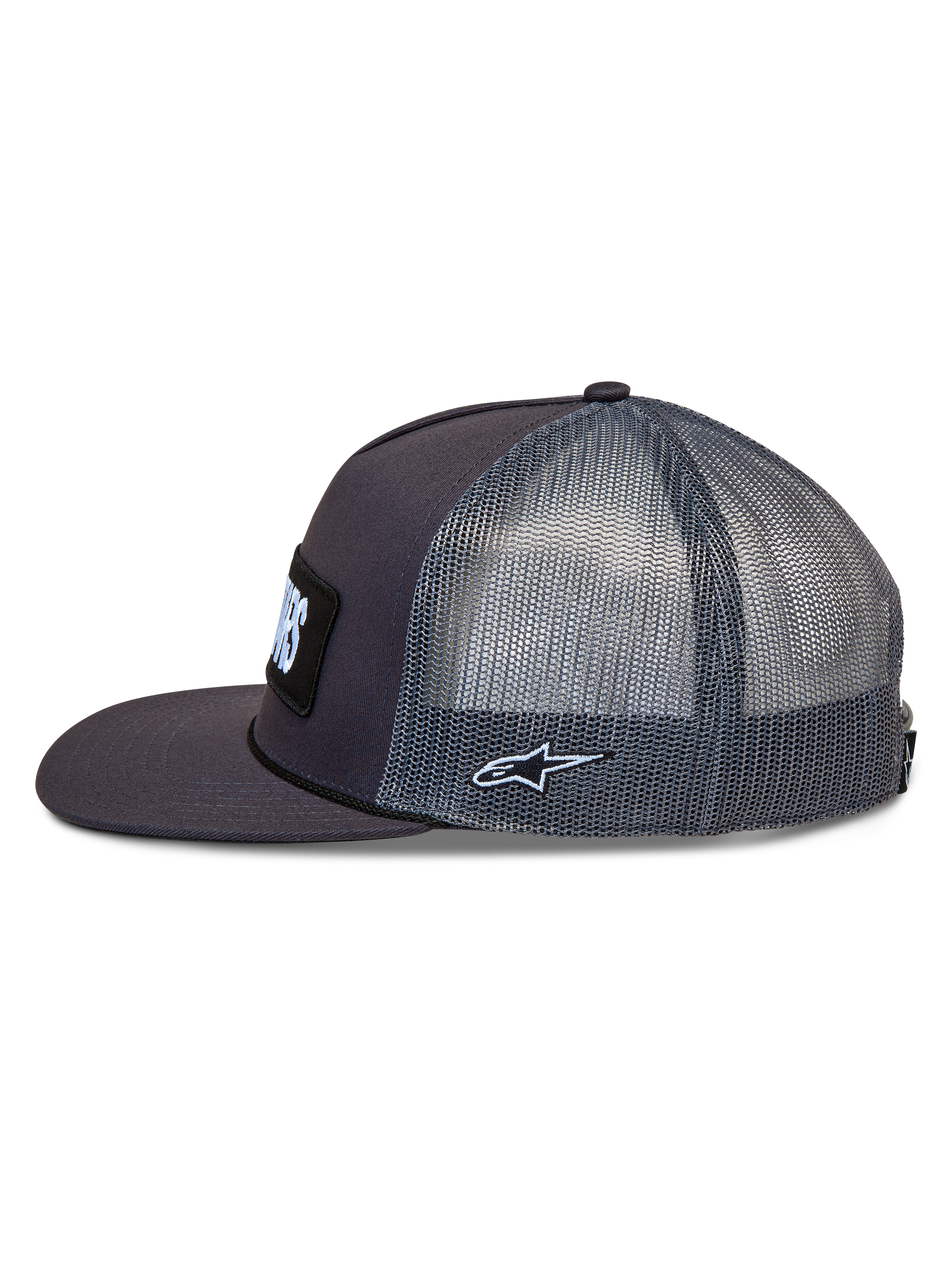 Alpinestars Ten Trucker, ciemnoszara czapka z daszkiem z siatką, płaskim daszkiem i haftowanym logo Astars.