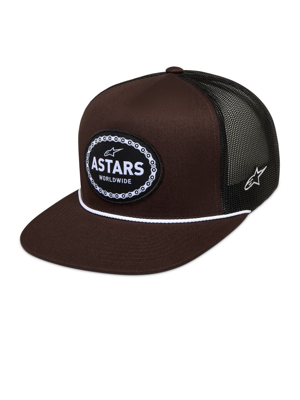 Alpinestars Hotlink Trucker, brązowa czapka z daszkiem, czarna siatka, płaski daszek i logo Astars z motywem łańcucha.