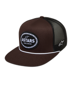 Alpinestars Hotlink Trucker, brązowa czapka z daszkiem, czarna siatka, płaski daszek i logo Astars z motywem łańcucha.