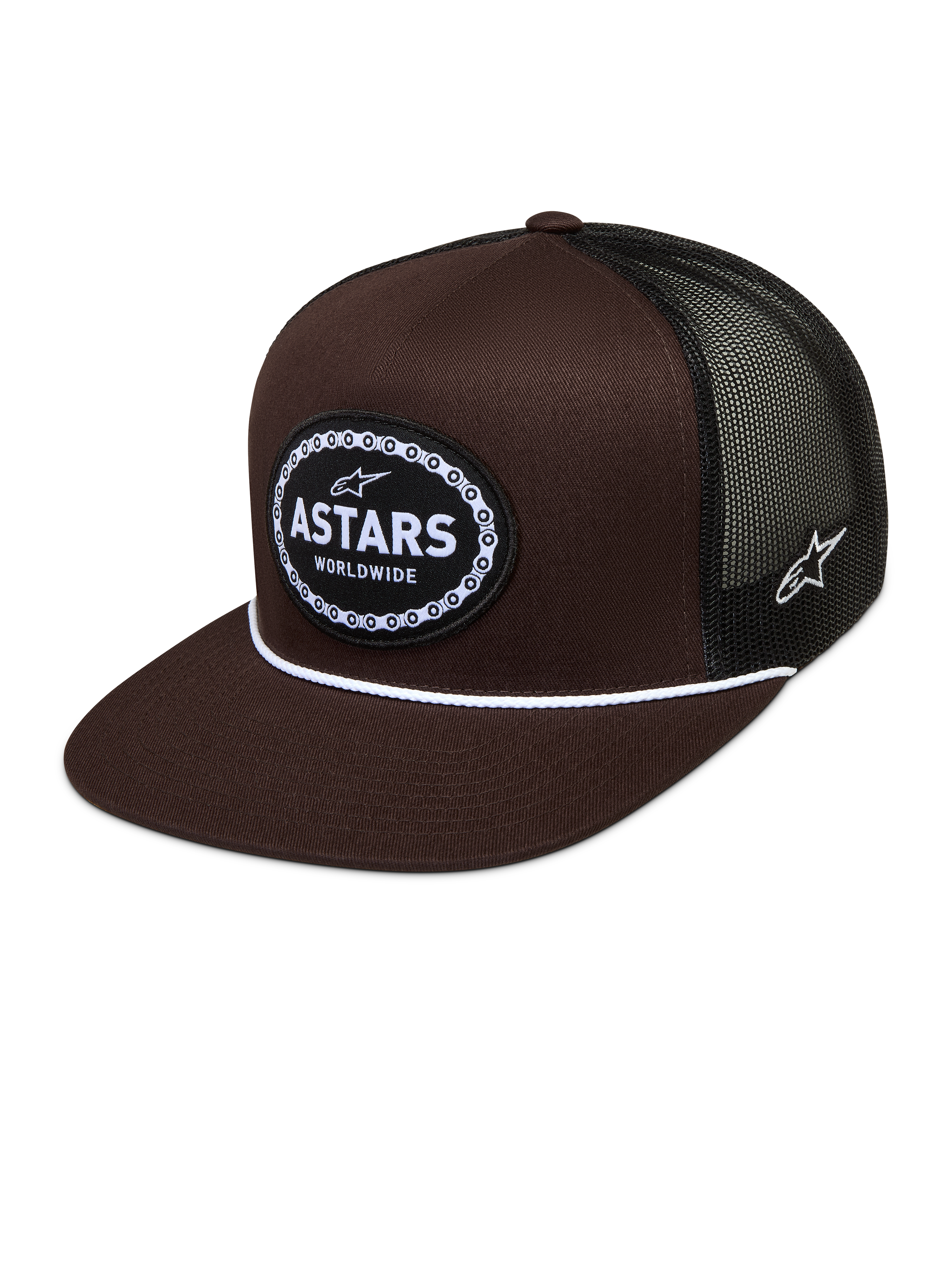 Alpinestars Hotlink Trucker, brązowa czapka z daszkiem, czarna siatka, płaski daszek i logo Astars z motywem łańcucha.