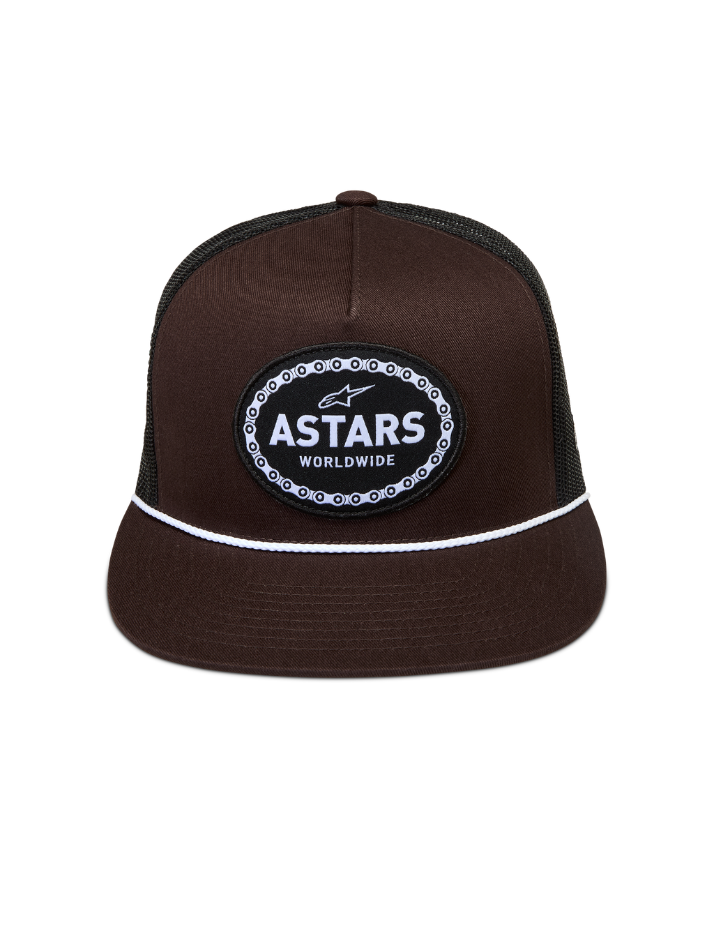 Alpinestars Hotlink Trucker, brązowa i czarna czapka z daszkiem, biały sznurek i logo Astars z obramowaniem łańcucha.