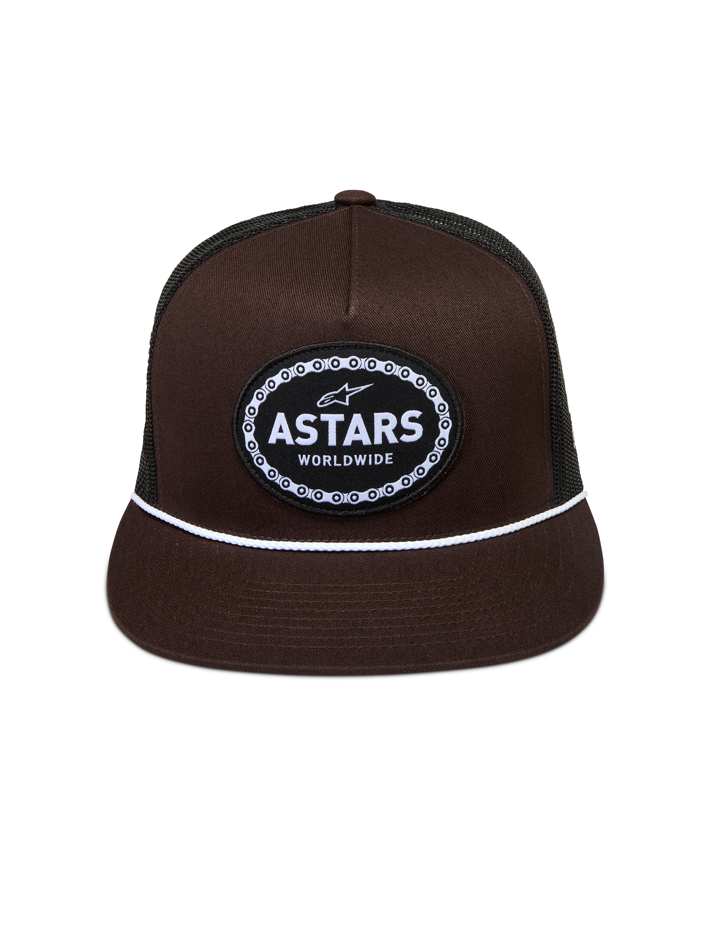 Alpinestars Hotlink Trucker, brązowa i czarna czapka z daszkiem, biały sznurek i logo Astars z obramowaniem łańcucha.