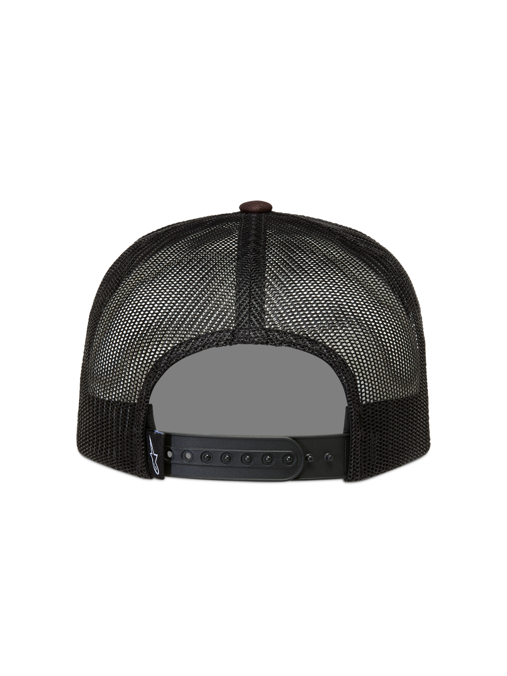 Alpinestars Hotlink Trucker, czarna i brązowa czapka z daszkiem, siateczkowe panele, regulowane zapięcie snapback.