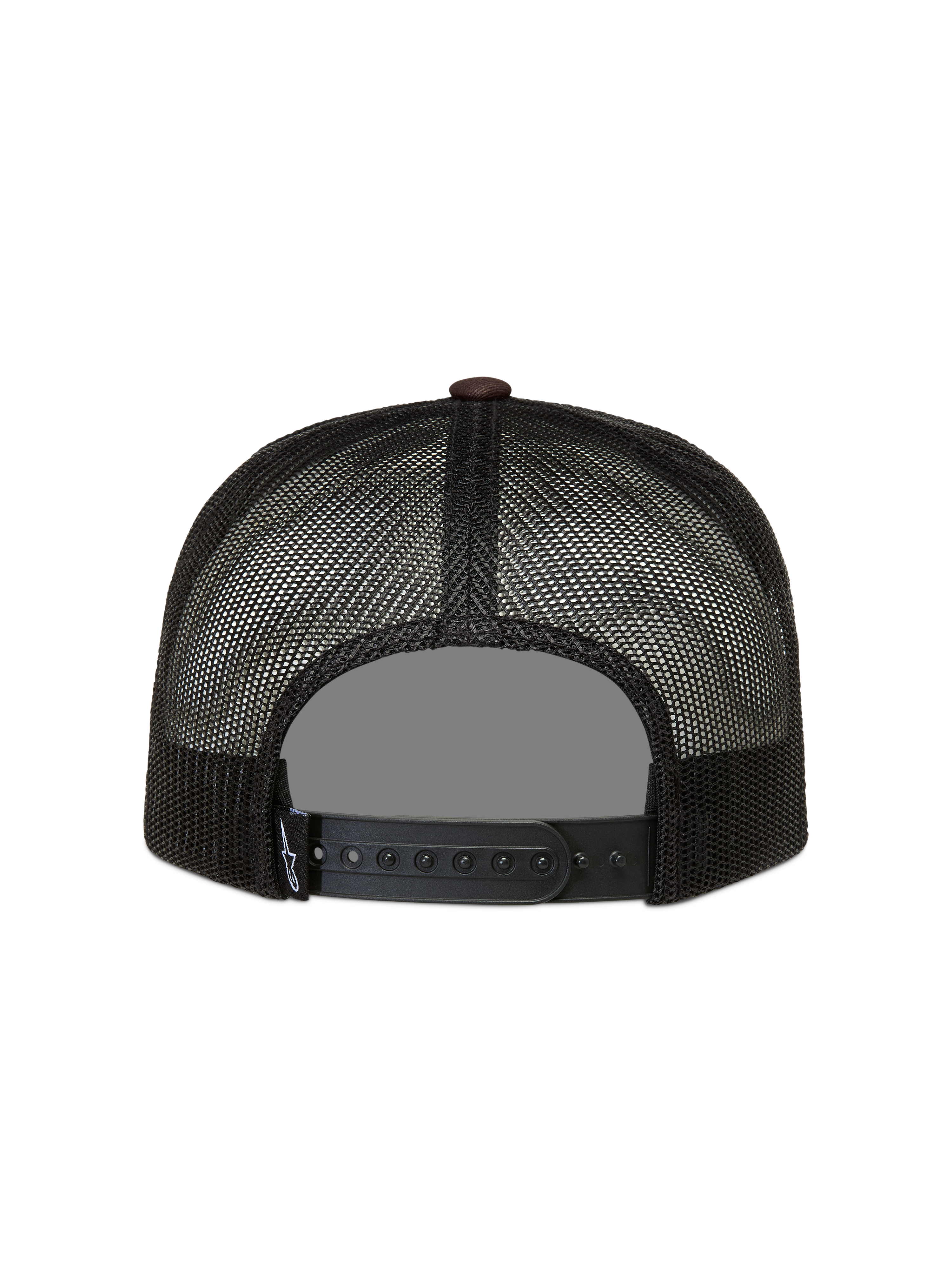 Alpinestars Hotlink Trucker, czarna i brązowa czapka z daszkiem, siateczkowe panele, regulowane zapięcie snapback.