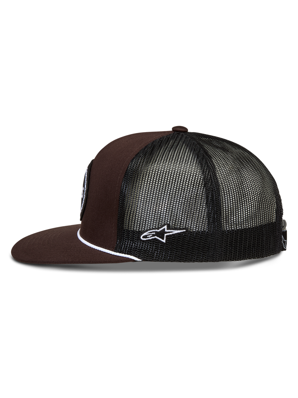 Alpinestars Hotlink Trucker, brązowa i czarna czapka z daszkiem, siateczkowy tył, płaski daszek, biały sznurek i logo Astars
