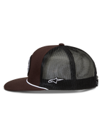 Alpinestars Hotlink Trucker, brązowa i czarna czapka z daszkiem, siateczkowy tył, płaski daszek, biały sznurek i logo Astars