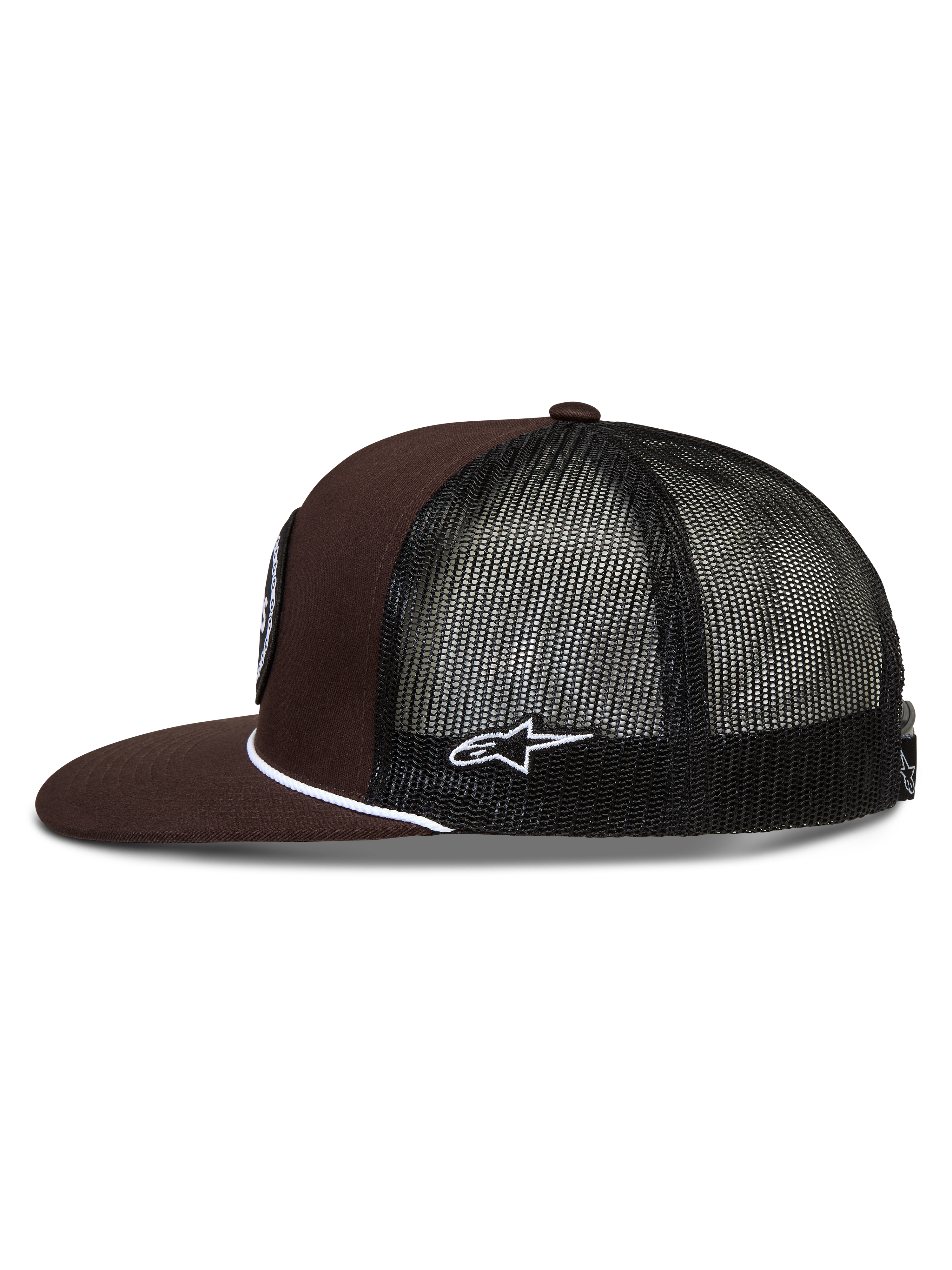Alpinestars Hotlink Trucker, brązowa i czarna czapka z daszkiem, siateczkowy tył, płaski daszek, biały sznurek i logo Astars
