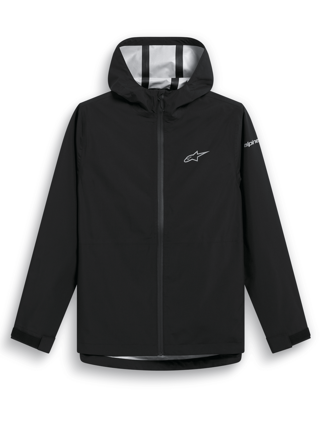 Alpinestars Kascade Rain Jacket, czarna kurtka przeciwdeszczowa typu shell, wodoodporna tkanina 2.5L z klejonymi szwami, stały kaptur, powlekany odwrócony zamek błyskawiczny z przodu, regulowane mankiety na rzepy, białe logo gwiazdy Alpinestars na klatce piersiowej i branding na rękawie, codzienna odzież przeciwdeszczowa