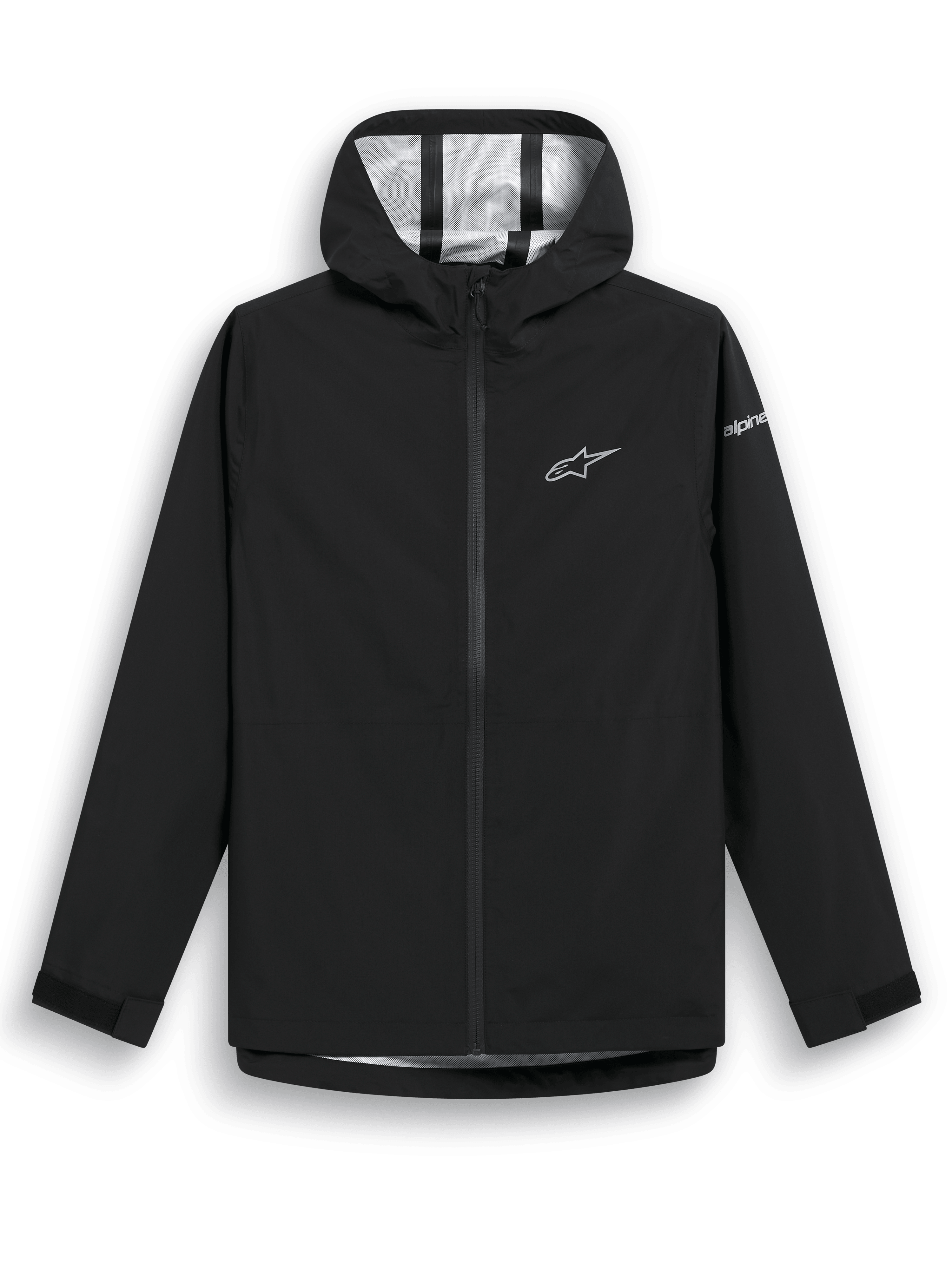 Alpinestars Kascade Rain Jacket, czarna kurtka przeciwdeszczowa typu shell, wodoodporna tkanina 2.5L z klejonymi szwami, stały kaptur, powlekany odwrócony zamek błyskawiczny z przodu, regulowane mankiety na rzepy, białe logo gwiazdy Alpinestars na klatce piersiowej i branding na rękawie, codzienna odzież przeciwdeszczowa