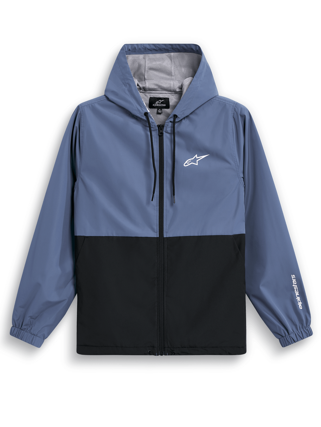 Kurtka wiatrówka Alpinestars Speeder, lekka wiatrówka z kapturem, stalowoniebieska i czarna, dwukolorowa blokowa konstrukcja z białym logo na klatce piersiowej i brandingiem na rękawie, siatkowa podszewka i kaptur regulowany sznurkiem