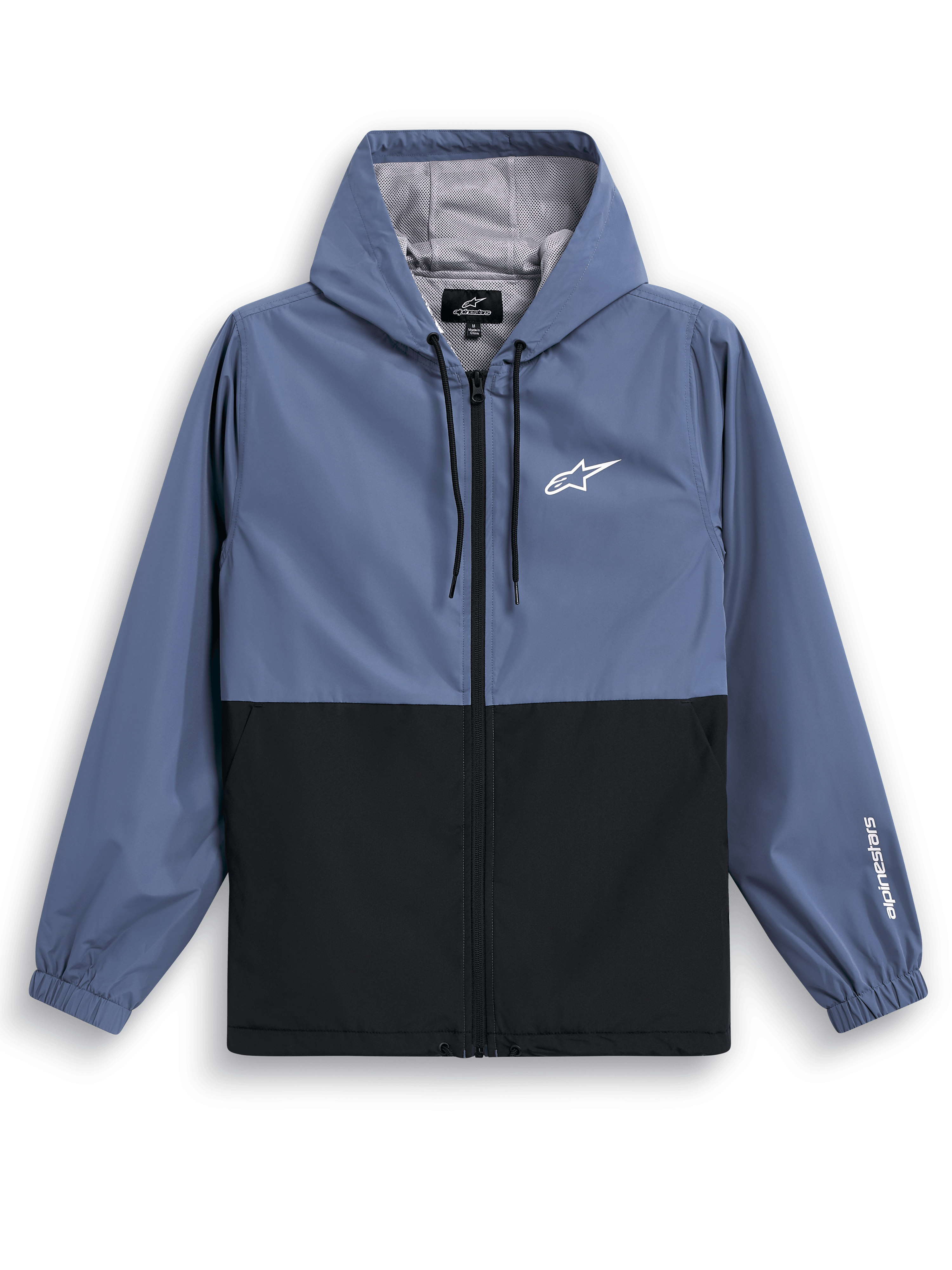 Kurtka wiatrówka Alpinestars Speeder, lekka wiatrówka z kapturem, stalowoniebieska i czarna, dwukolorowa blokowa konstrukcja z białym logo na klatce piersiowej i brandingiem na rękawie, siatkowa podszewka i kaptur regulowany sznurkiem