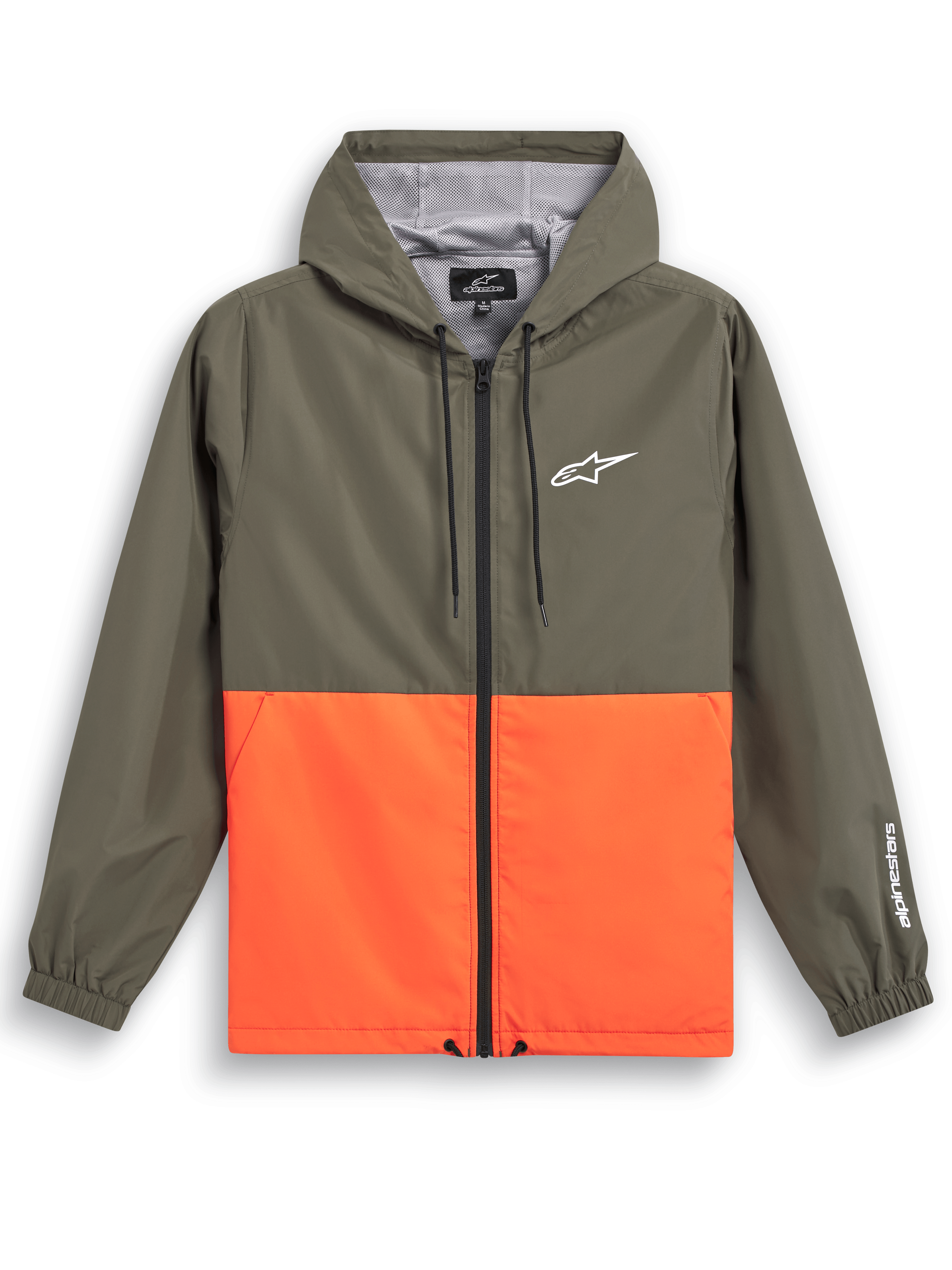 Alpinestars Speeder Windbreaker Jacket, casual sportswear, olive green and vibrant orange color block design, white Astars logo on chest and sleeve, hooded with mesh lining, adjustable drawcords, elastic cuffs