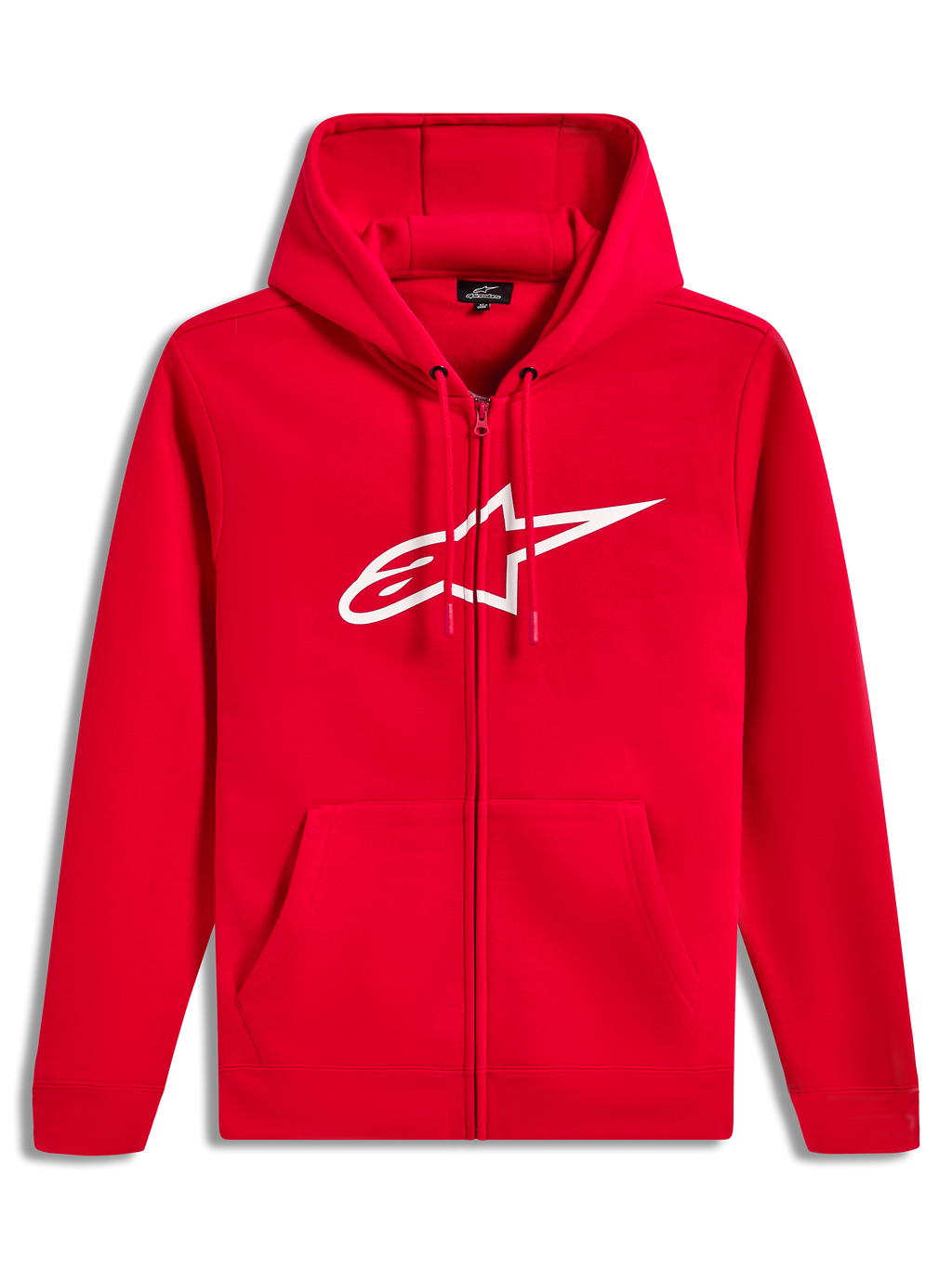 Alpinestars Ageless Zip V3 Hoodie, czerwona rozpinana bluza z kapturem, białe logo na piersi, polarowa odzież sportowa