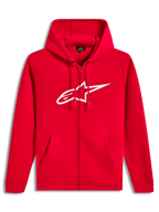Alpinestars Ageless Zip V3 Hoodie, czerwona rozpinana bluza z kapturem, białe logo na piersi, polarowa odzież sportowa