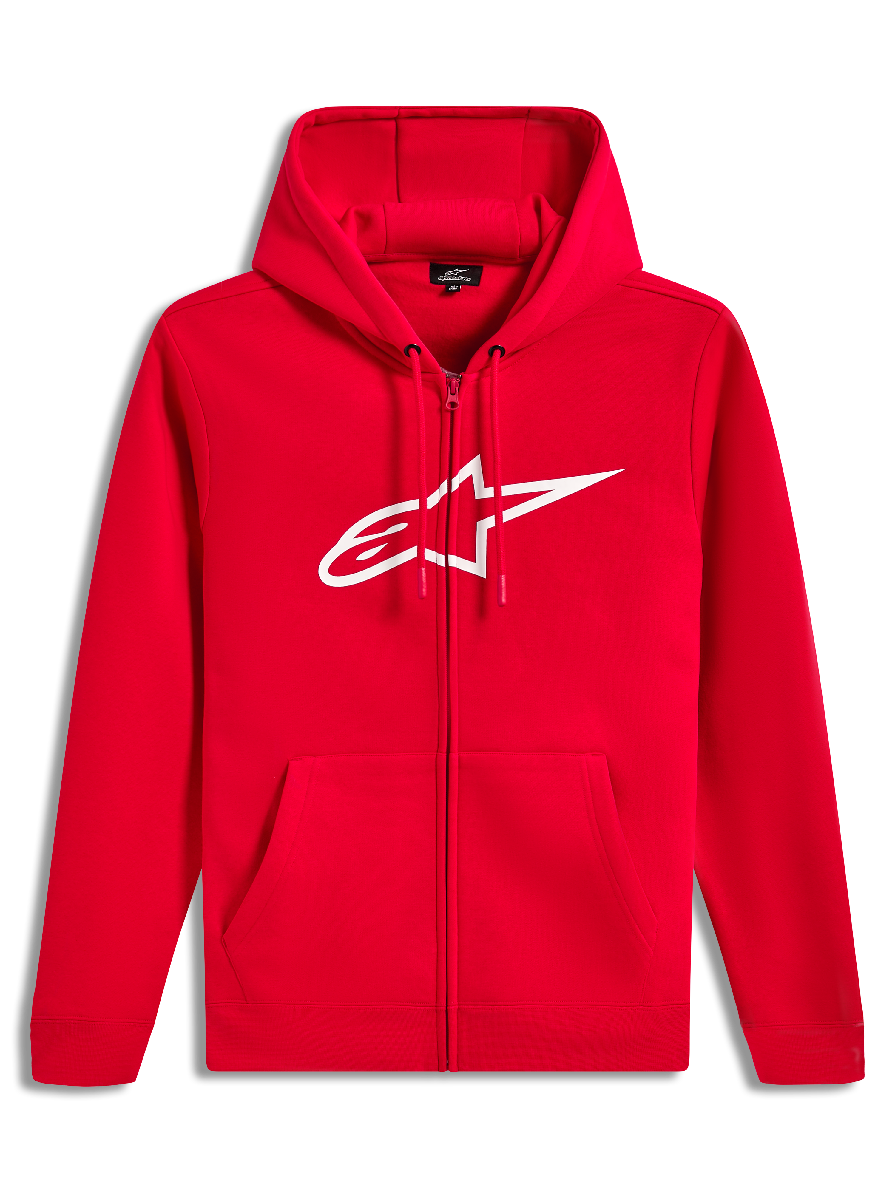 Alpinestars Ageless Zip V3 Hoodie, czerwona rozpinana bluza z kapturem, białe logo na piersi, polarowa odzież sportowa