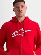 Alpinestars bluza z kapturem Ageless Zip V3, sportowa bluza polarowa zapinana na zamek, czerwona i biała, duże białe logo A-star na piersi, regulowany kaptur ze sznurkami, ukryty zamek, styl motorsportowy.