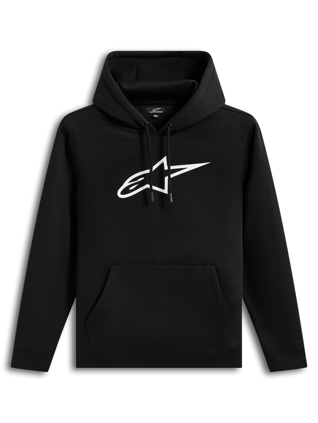 Alpinestars Ageless V3 Hoodie, czarna bluza z kapturem, białe haftowane logo i kieszeń typu kangur, polarowa odzież sportowa.