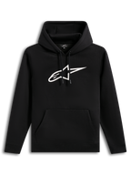 Alpinestars Ageless V3 Hoodie, czarna bluza z kapturem, białe haftowane logo i kieszeń typu kangur, polarowa odzież sportowa.