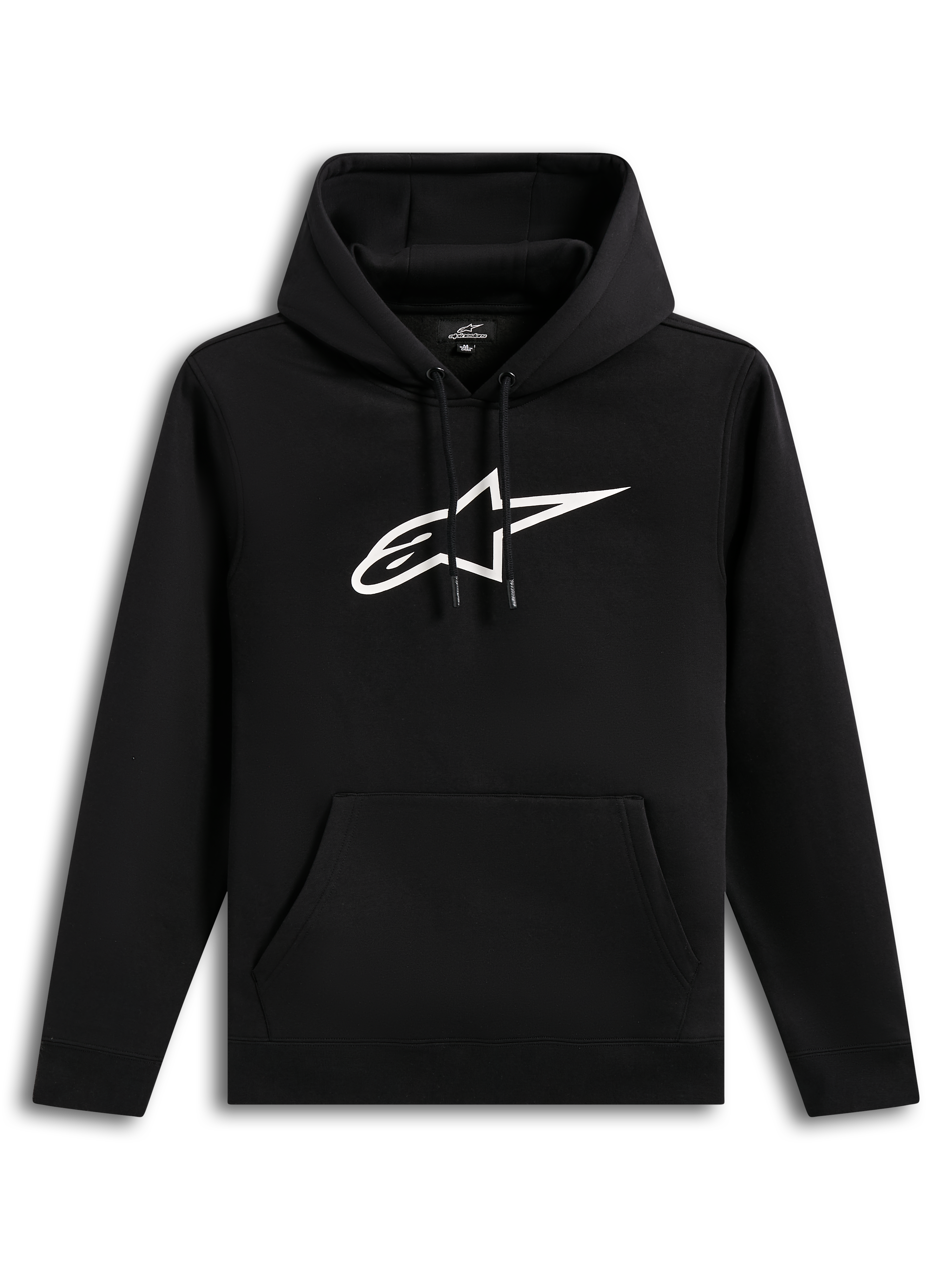 Alpinestars Ageless V3 Hoodie, czarna bluza z kapturem, białe haftowane logo i kieszeń typu kangur, polarowa odzież sportowa.
