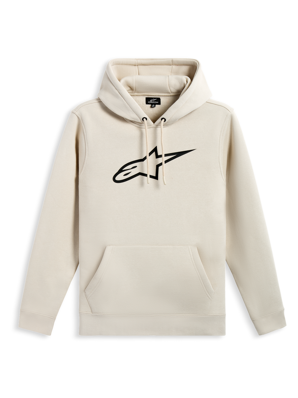 Alpinestars Ageless V3 Hoodie, codzienna bluza z polaru typu pullover, złamana biel z czarnym haftowanym logo gwiazdy, kaptur ze sznurkiem, kieszeń typu kangurka, prążkowane mankiety i dół, odzież uliczna inspirowana motorsportem