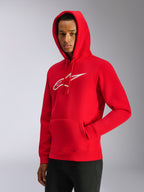 Alpinestars Ageless V3 Hoodie, Red, male model wearing hooded pullover with hood up, white embroidered logo on chest, front kangaroo pocket, casual motorsport-inspired streetwear