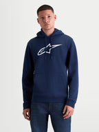 Alpinestars Bluza z kapturem Ageless V3, męska bluza typu pullover, granatowa i biała, duże białe haftowane logo Alpinestars na piersi, regulowany kaptur, kieszeń typu kangurka, casualowa odzież sportowa.
