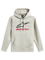Alpinestars Always V3 Hoodie, polarowa bluza z kapturem, złamana biel, czarne logo z gwiazdą i czerwony napis Alpinestars na piersi, kieszeń typu kangurka, kaptur ze sznurkiem, codzienna odzież sportowa inspirowana motorsportem