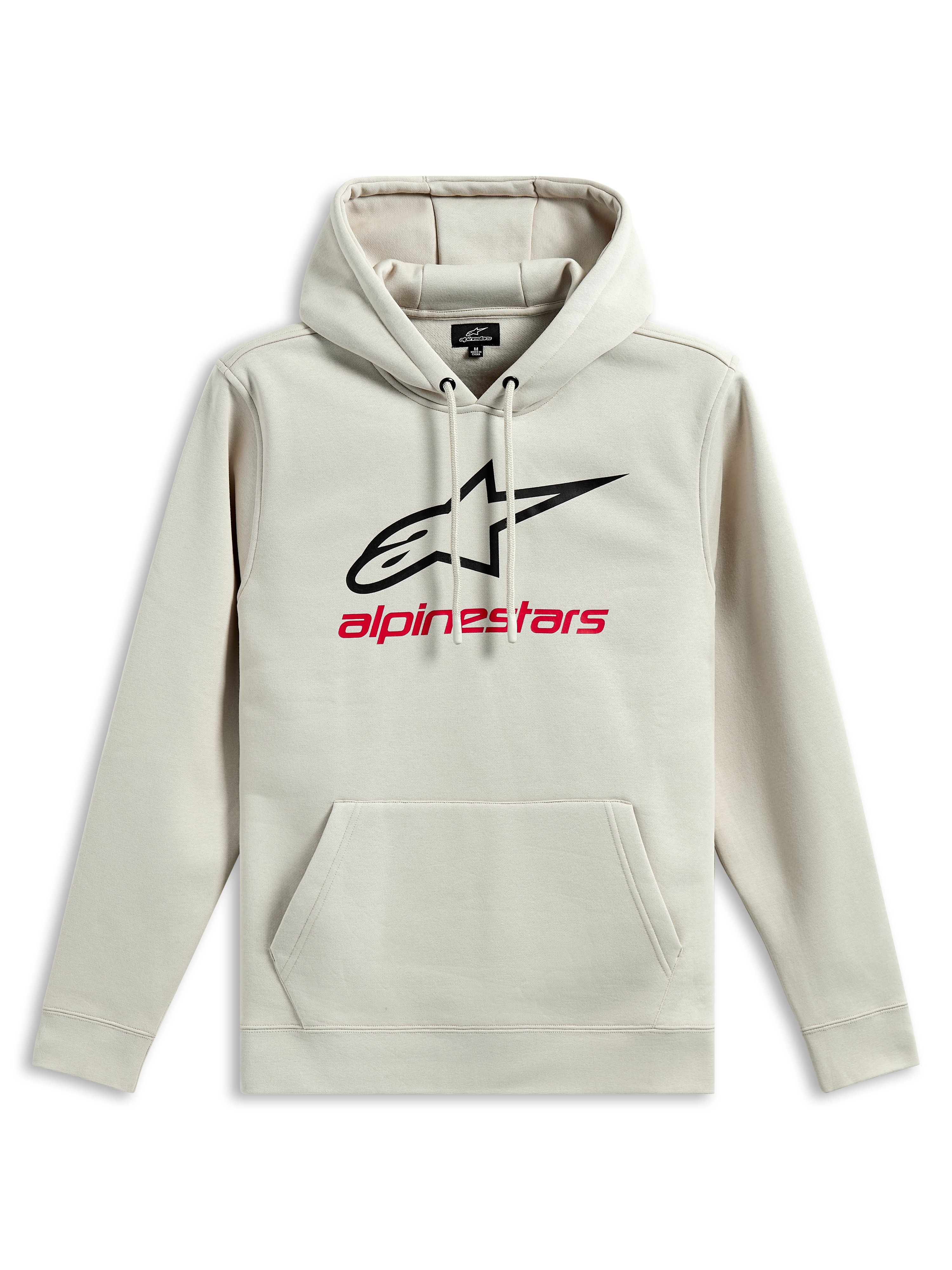Alpinestars Always V3 Hoodie, polarowa bluza z kapturem, złamana biel, czarne logo z gwiazdą i czerwony napis Alpinestars na piersi, kieszeń typu kangurka, kaptur ze sznurkiem, codzienna odzież sportowa inspirowana motorsportem