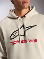 Alpinestars Always V3 Hoodie, bluza z kapturem streetwear, kolor złamanej bieli z czarnym logo gwiazdy i czerwonym napisem Alpinestars, kaptur ze sznurkami, polar premium, nowoczesny design inspirowany sportami motorowymi