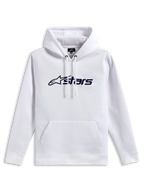 Alpinestars Blaze V3 Hoodie, polarowa bluza z kapturem typu pullover, biała z granatowym nadrukiem logo z przodu, kaptur ze sznurkiem i dżersejową podszewką, kieszeń typu kangur, codzienna odzież uliczna inspirowana sportami motorowymi