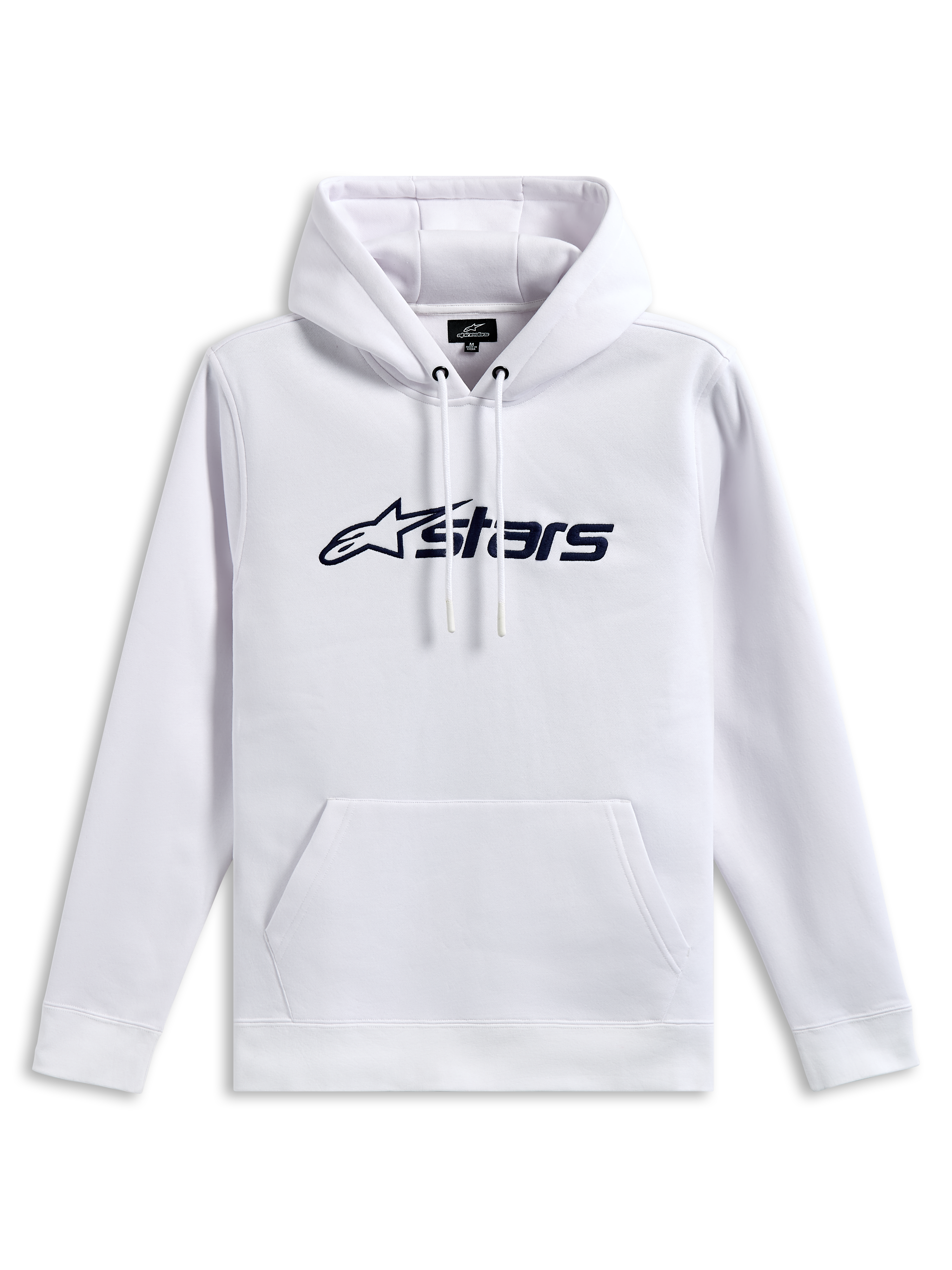 Alpinestars Blaze V3 Hoodie, polarowa bluza z kapturem typu pullover, biała z granatowym nadrukiem logo z przodu, kaptur ze sznurkiem i dżersejową podszewką, kieszeń typu kangur, codzienna odzież uliczna inspirowana sportami motorowymi