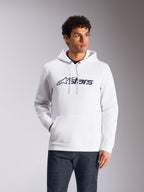 Alpinestars Blaze V3 Hoodie, codzienna odzież streetwearowa, biała z granatowym logo Alpinestars, kaptur ze sznurkiem, długie rękawy, zestawiona z ciemnymi jeansami, nowoczesny design inspirowany sportami motorowymi