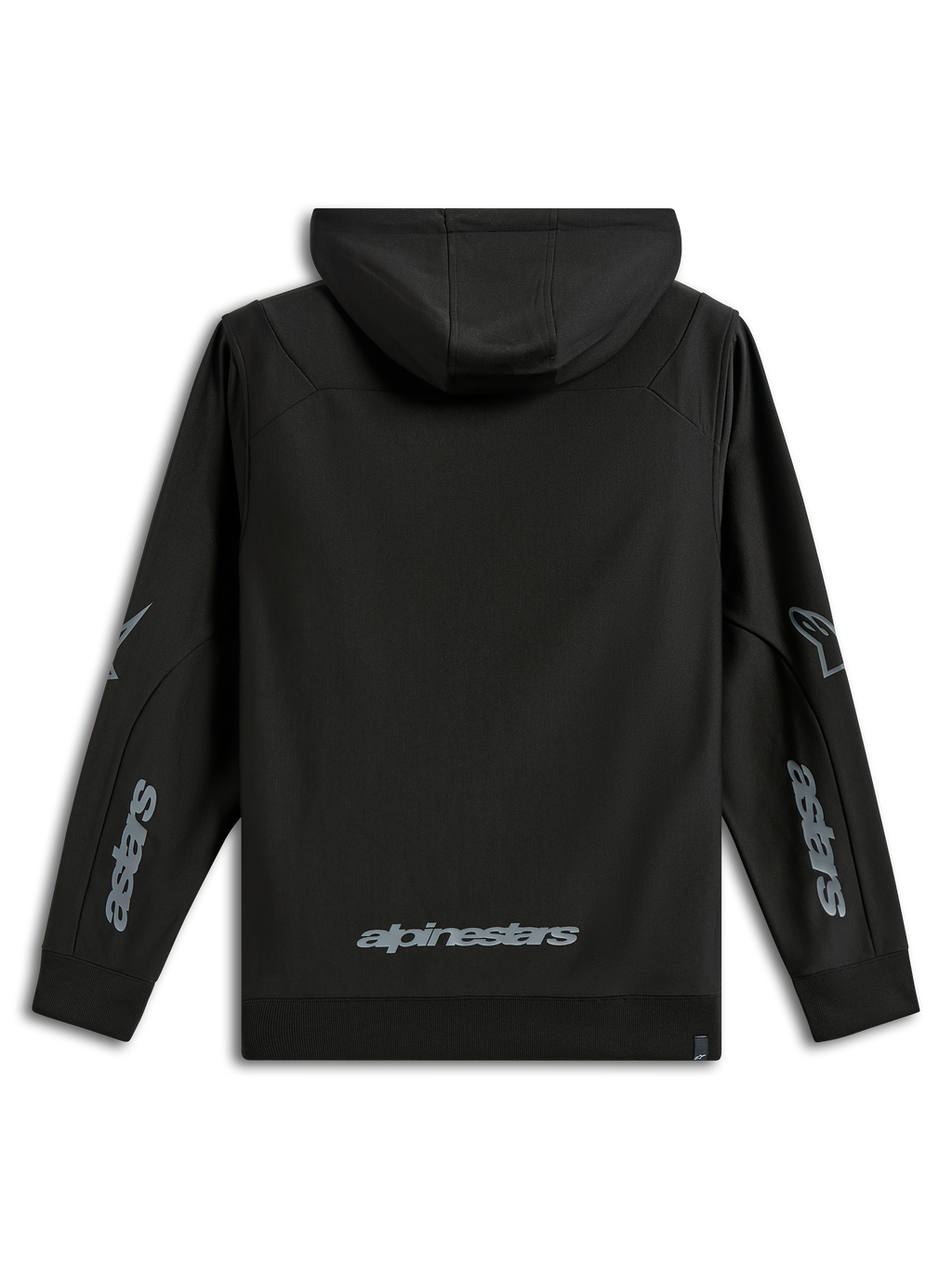 Alpinestars Sessions V3 Hoodie, sportowa odzież codzienna, czarna z szarymi logotypami, widok z tyłu z napisem Alpinestars w dolnej części pleców i grafikami Astars na rękawach, bluza z polaru z kapturem i ściągaczami, nowoczesny design inspirowany sportami motorowymi