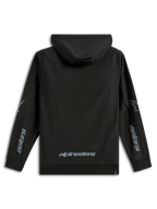 Alpinestars Sessions V3 Hoodie, sportowa odzież codzienna, czarna z szarymi logotypami, widok z tyłu z napisem Alpinestars w dolnej części pleców i grafikami Astars na rękawach, bluza z polaru z kapturem i ściągaczami, nowoczesny design inspirowany sportami motorowymi