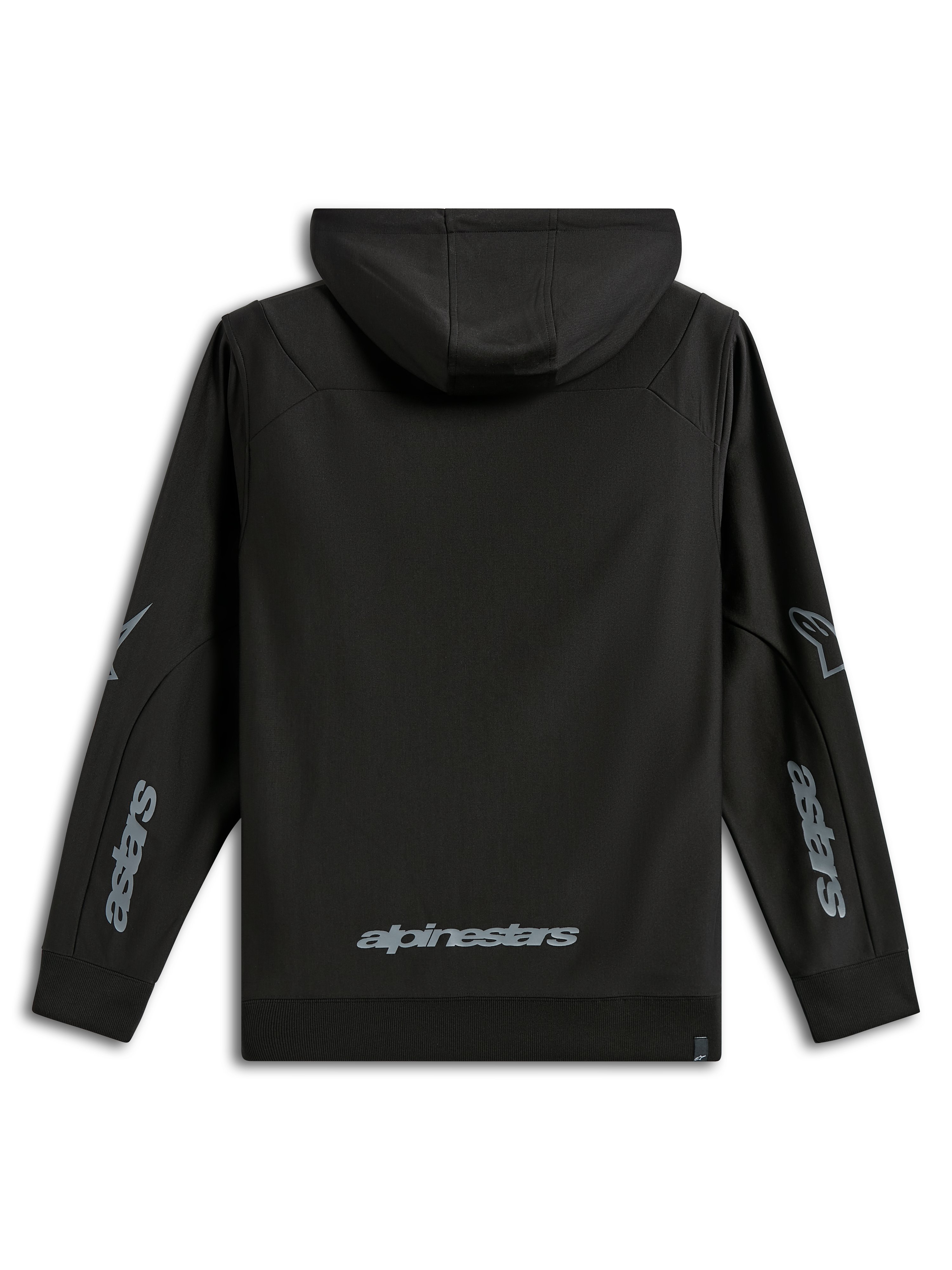 Alpinestars Sessions V3 Hoodie, sportowa odzież codzienna, czarna z szarymi logotypami, widok z tyłu z napisem Alpinestars w dolnej części pleców i grafikami Astars na rękawach, bluza z polaru z kapturem i ściągaczami, nowoczesny design inspirowany sportami motorowymi