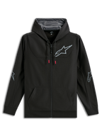Alpinestars Sessions V3 Hoodie, czarna bluza z polaru zapinana na zamek, szare logo gwiazdy Alpinestars na piersi i łokciach, sznurki z czerwonymi końcówkami, kaptur z podszewką z siateczki, codzienna odzież streetwearowa w stylu motorsport